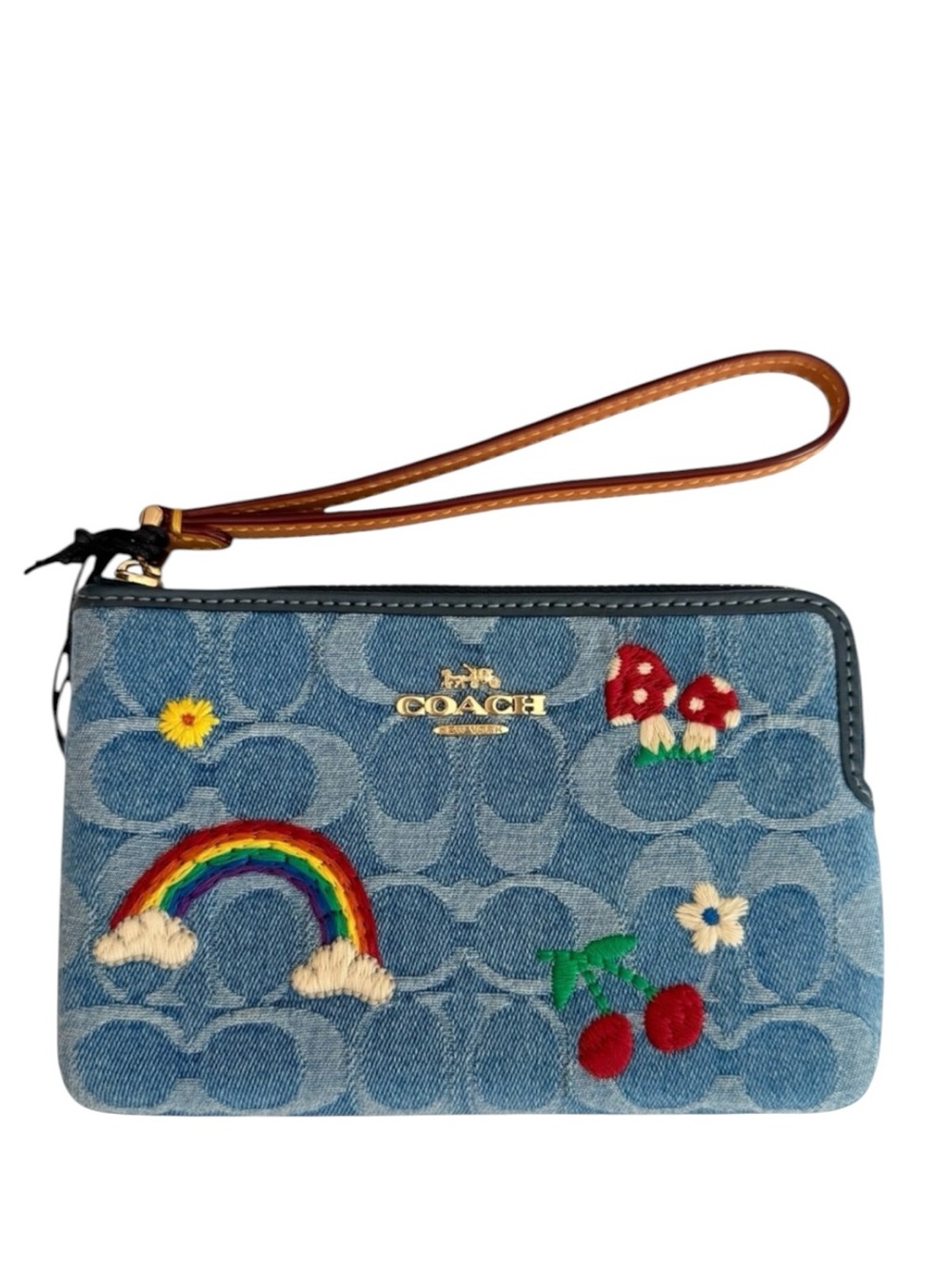 Coach Zip Wristlet Signature Denim Rainbow Mushrooms